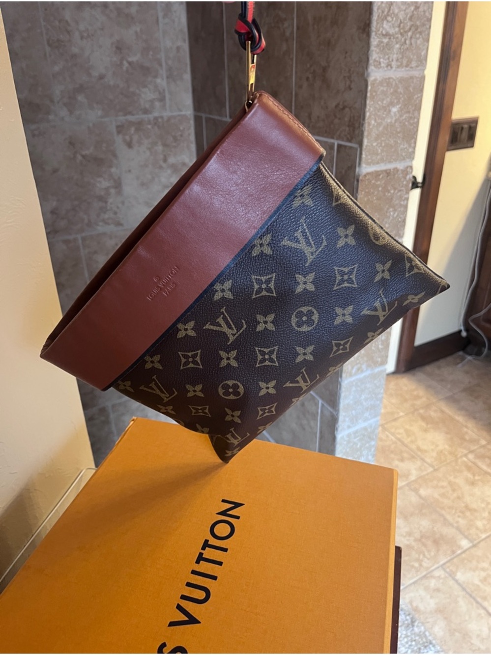 Louis Vuitton Monogram Canvas Pouch/ Bag with Brown Leather Trim